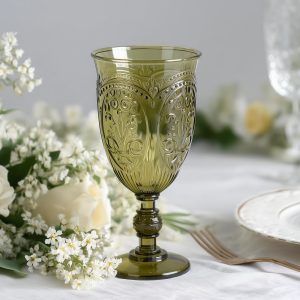 24-Pack Plastic Vintage Goblets – 10oz Transparent Dusty Sage Green Retro Embossed Wine Glasses, Elegant Water & Juice Cups - 7" Tall