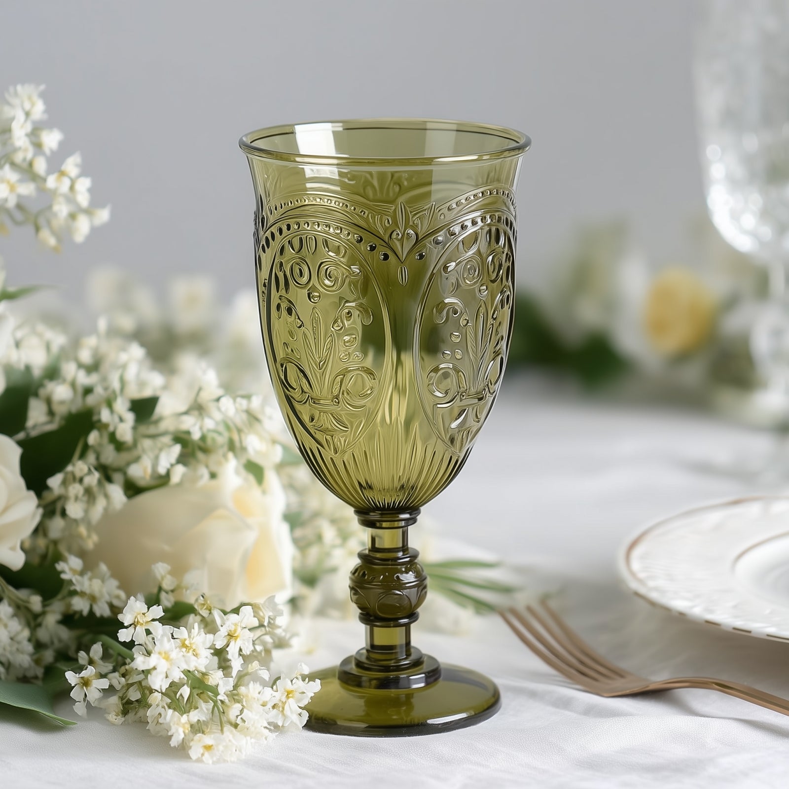 24-Pack Plastic Vintage Goblets – 10oz Transparent Dusty Sage Green Retro Embossed Wine Glasses, Elegant Water & Juice Cups - 7" Tall